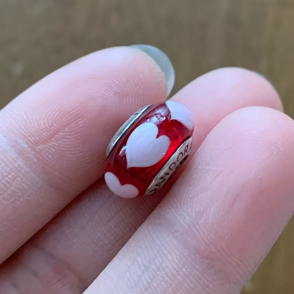 Retired Authentic Pandora Red w/ White Hearts Murano Bead Charm EUC